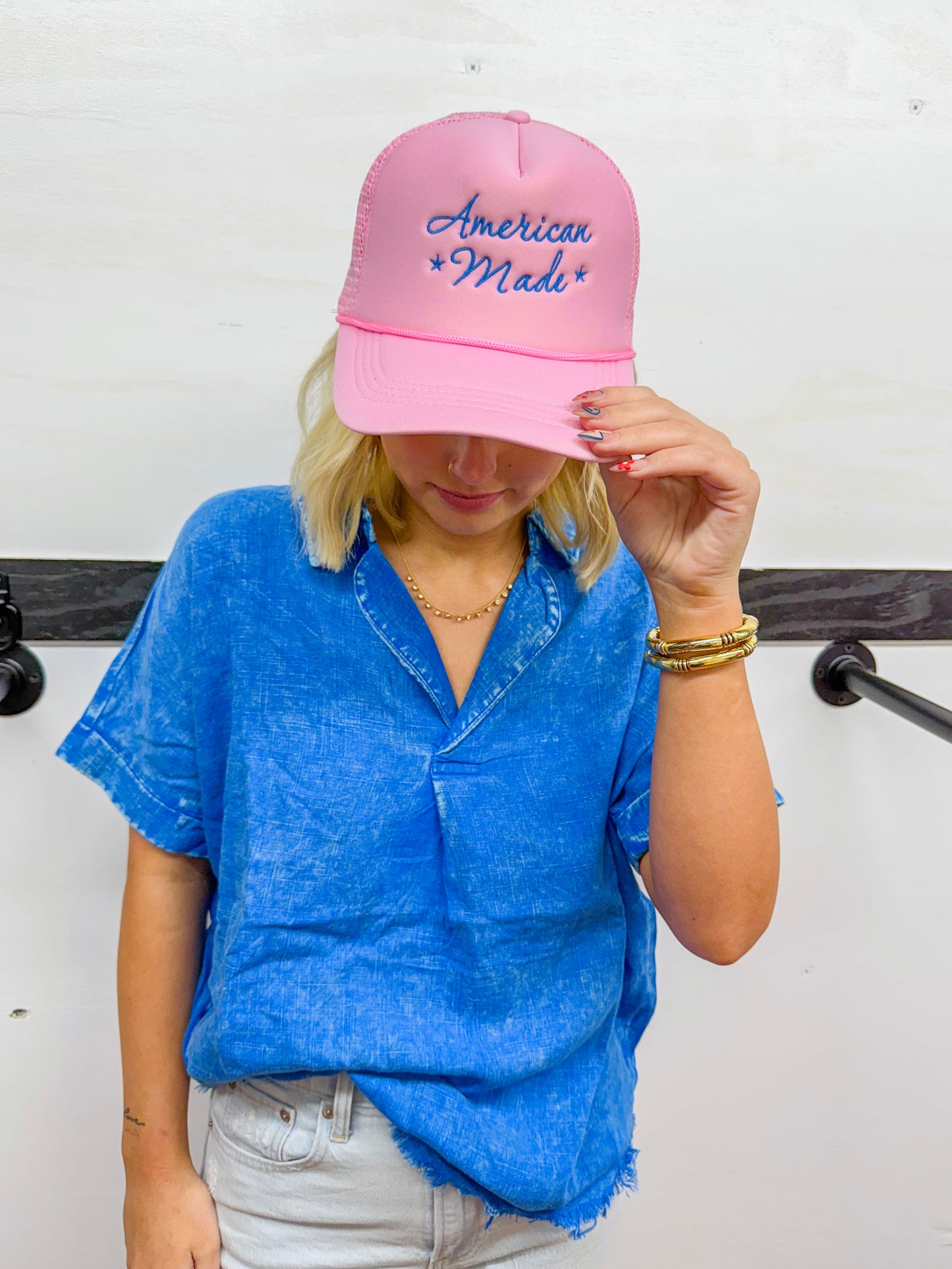 Washed V-neck Collared Top- Royal Blue