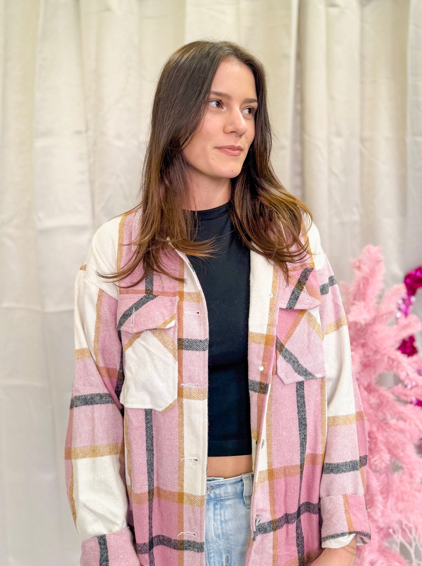 Pink plaid long sleeve button up shacket