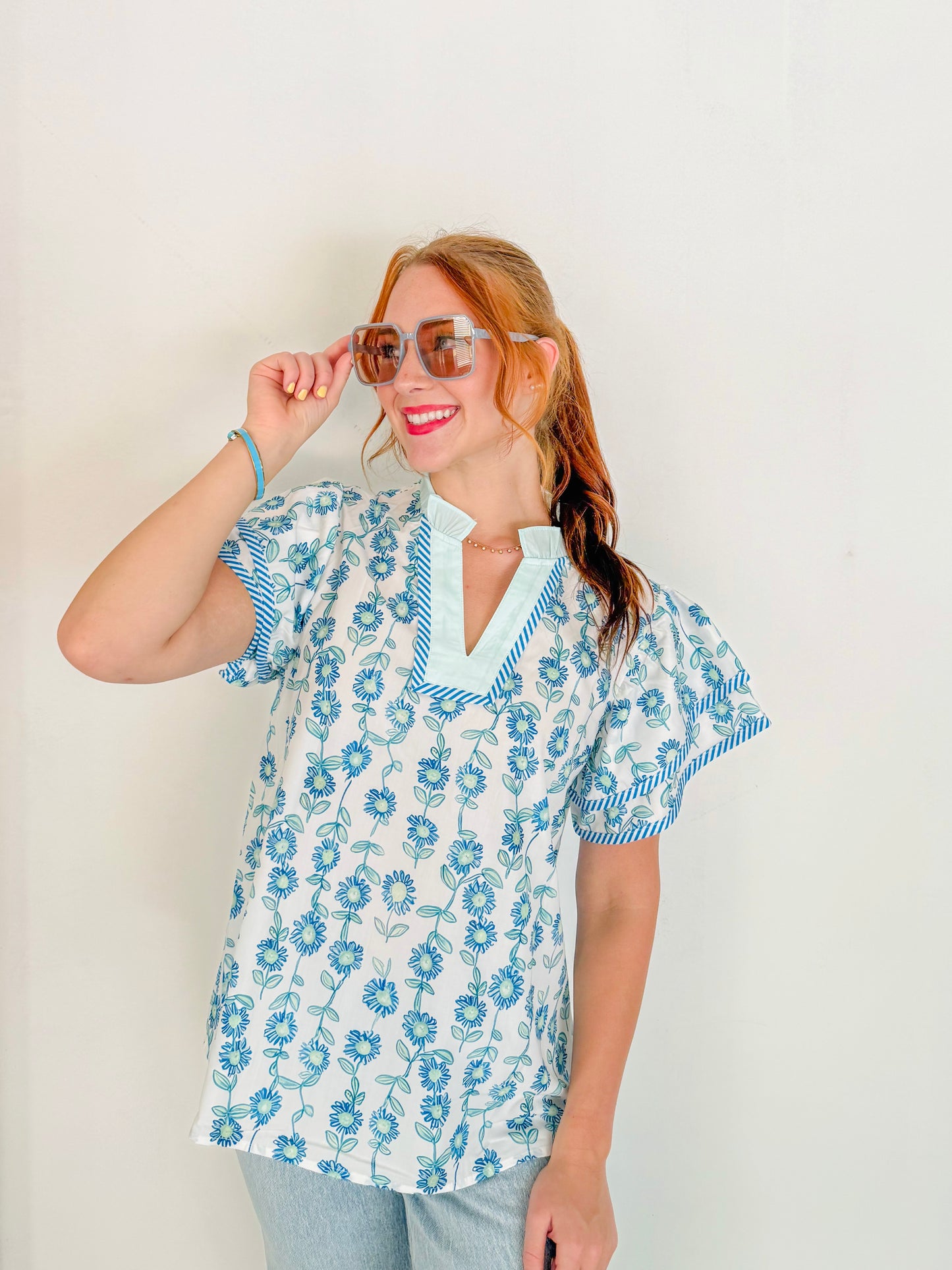 Floral Stripe V-Neck Top- Blue & Green