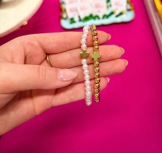 Pearl and gold cross bracelet set of 2