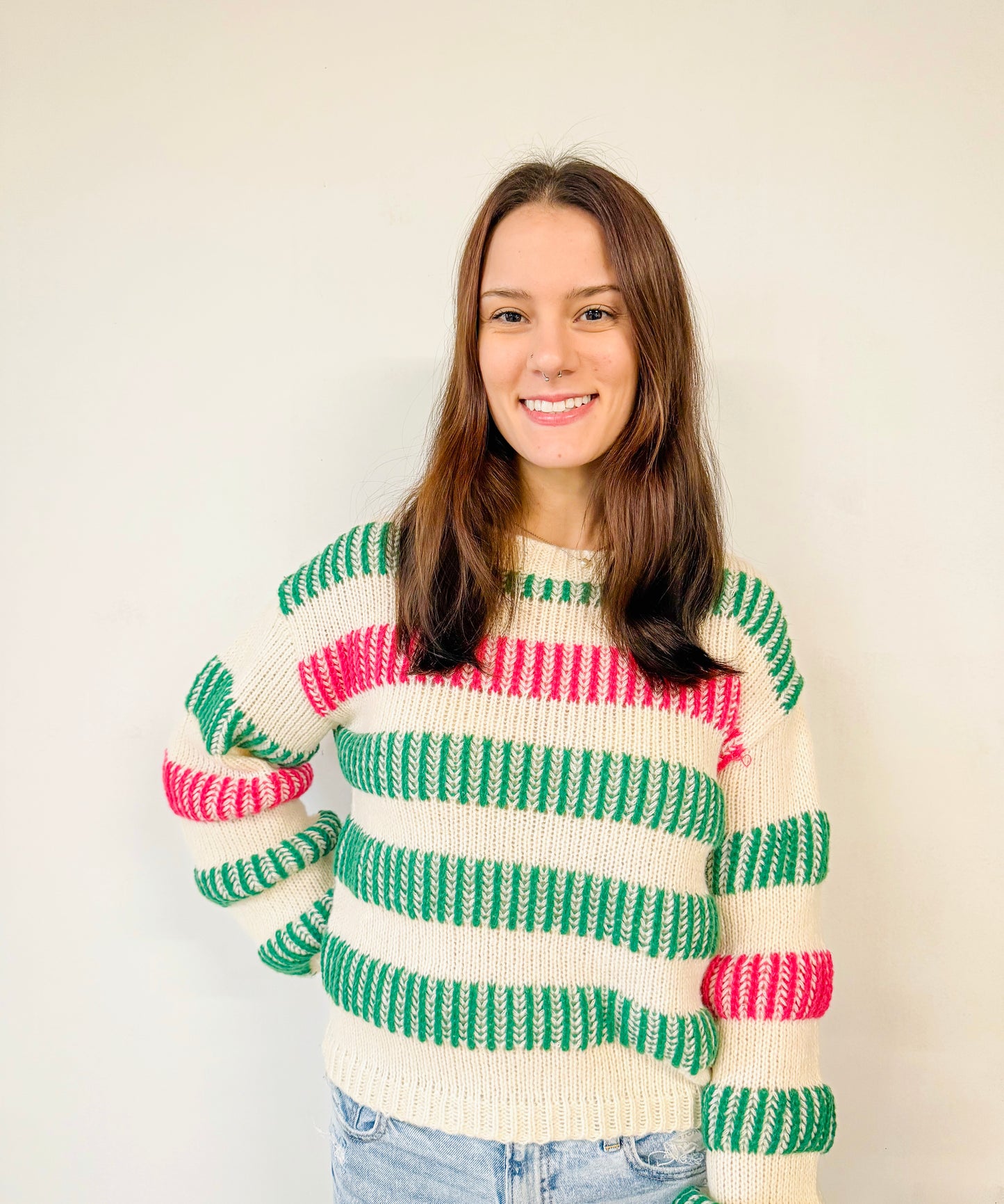 Pink and Green Striped Color Block Knit Sweater