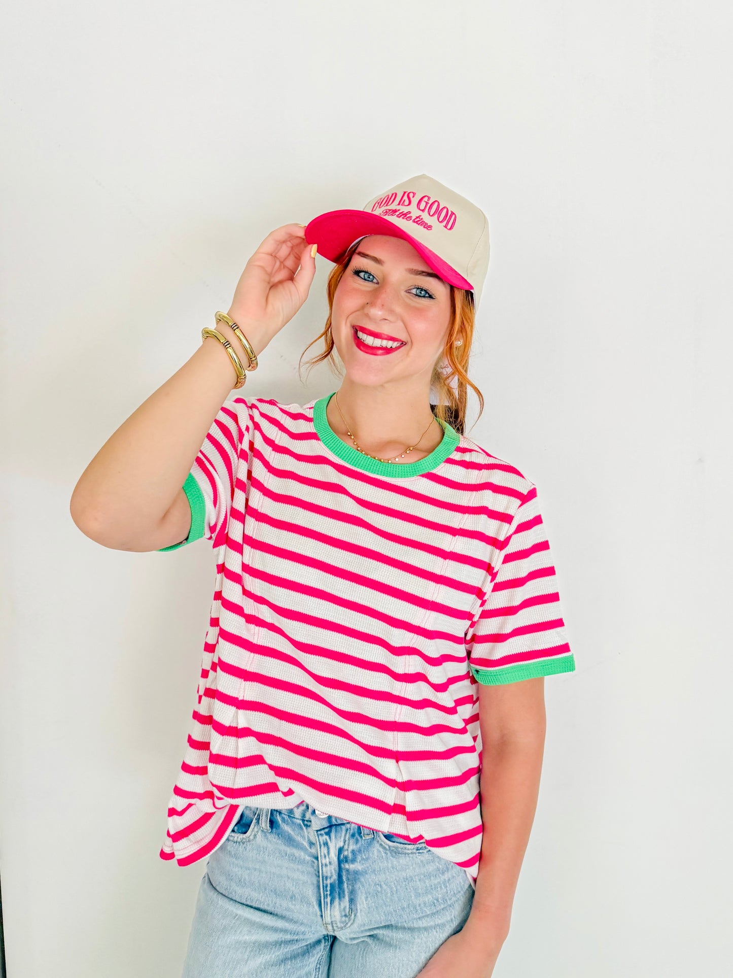 Waffle Knit Stripe Contrast Trim Top- Pink & Green