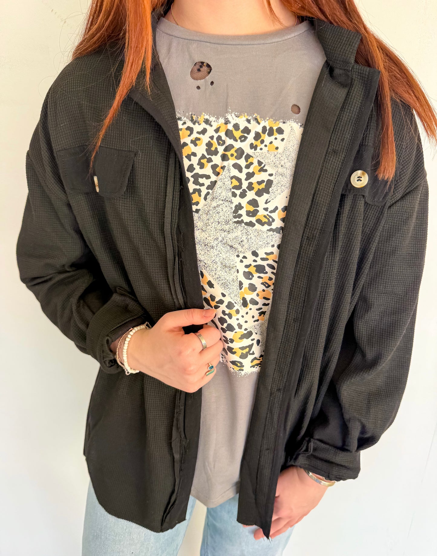 Long sleeve button front waffle knit black shacket