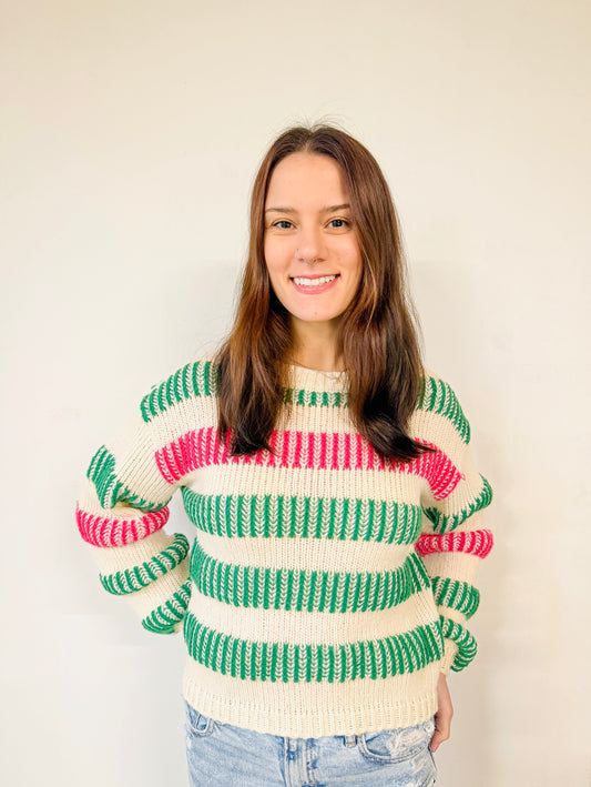 Pink and Green Striped Color Block Knit Sweater