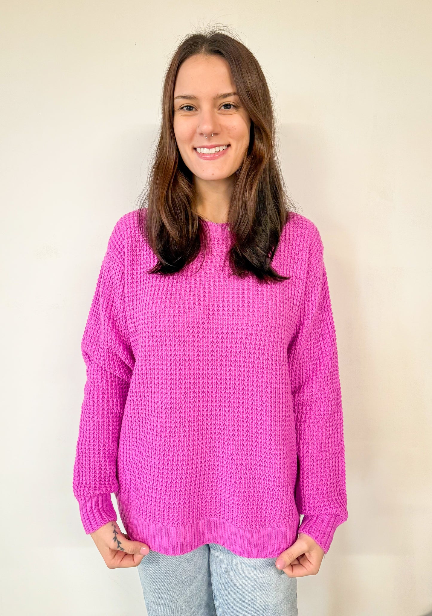 Bright Magenta Oversized Round neck Waffle Sweater