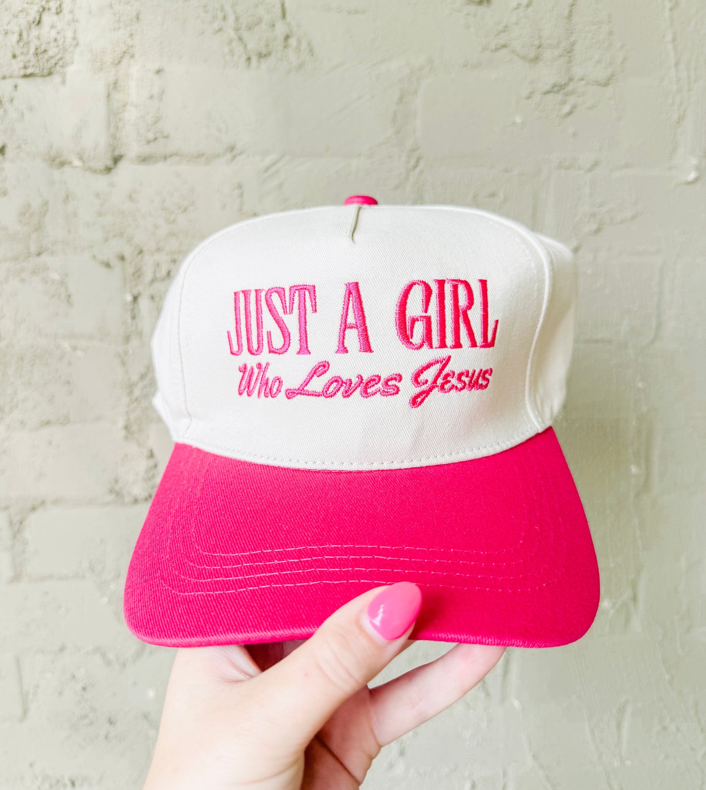 Just A Girl Who Loves Jesus Canvas Trucker Hat- Hot Pink
