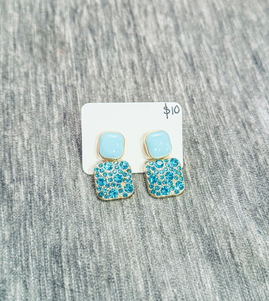 Square Turquoise Rhinestone Earrings