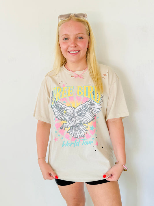 Free Bird World Tour Graphic Distressed Tee- Sand