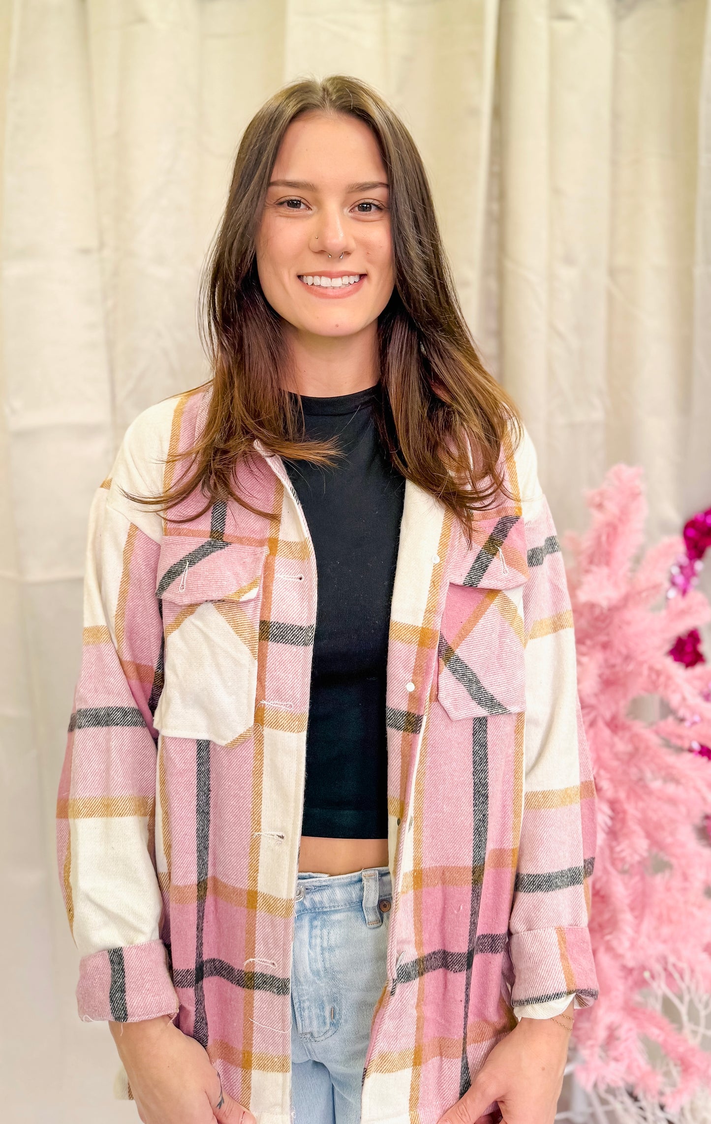 Pink plaid long sleeve button up shacket