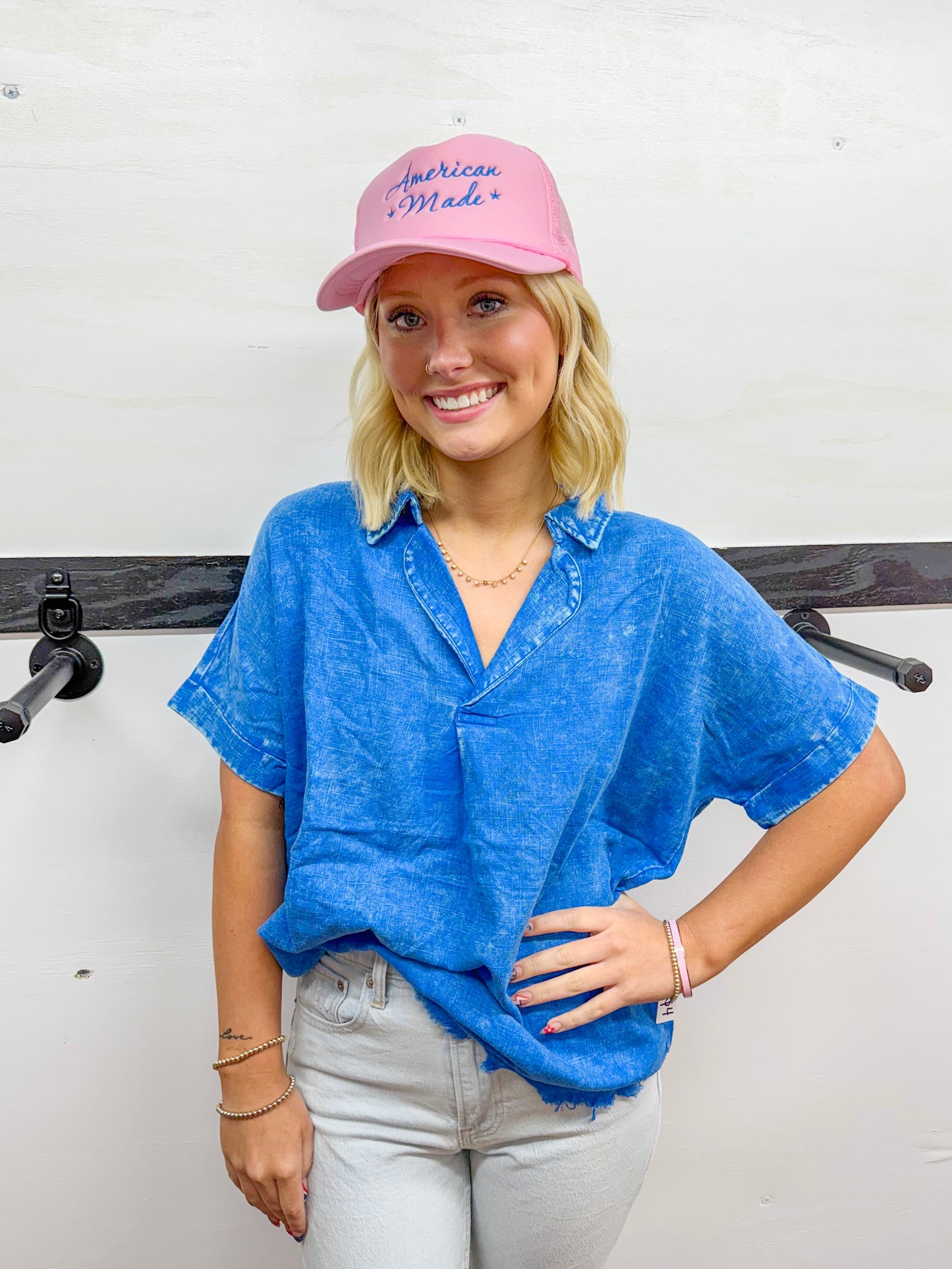 Washed V-neck Collared Top- Royal Blue