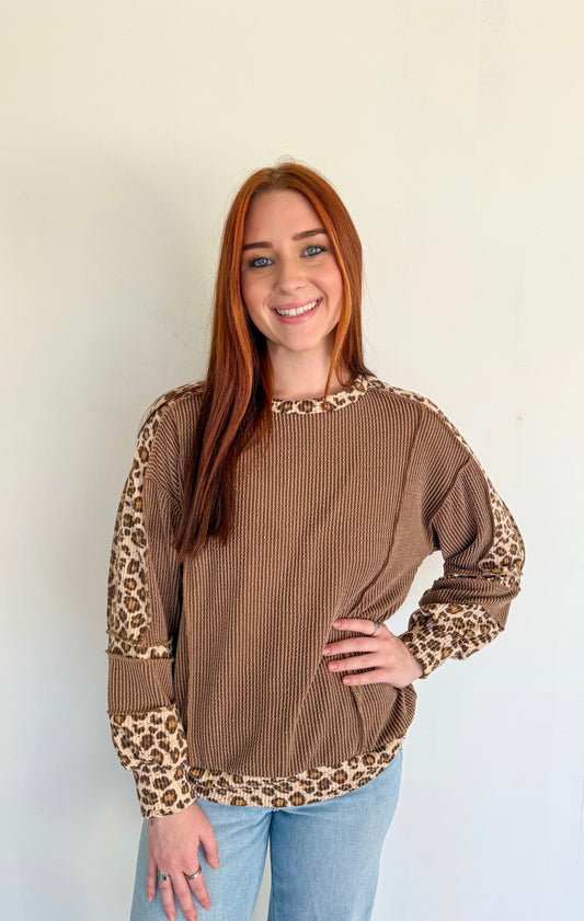 Oversized Chestnut Ribbed Leopard Pullover