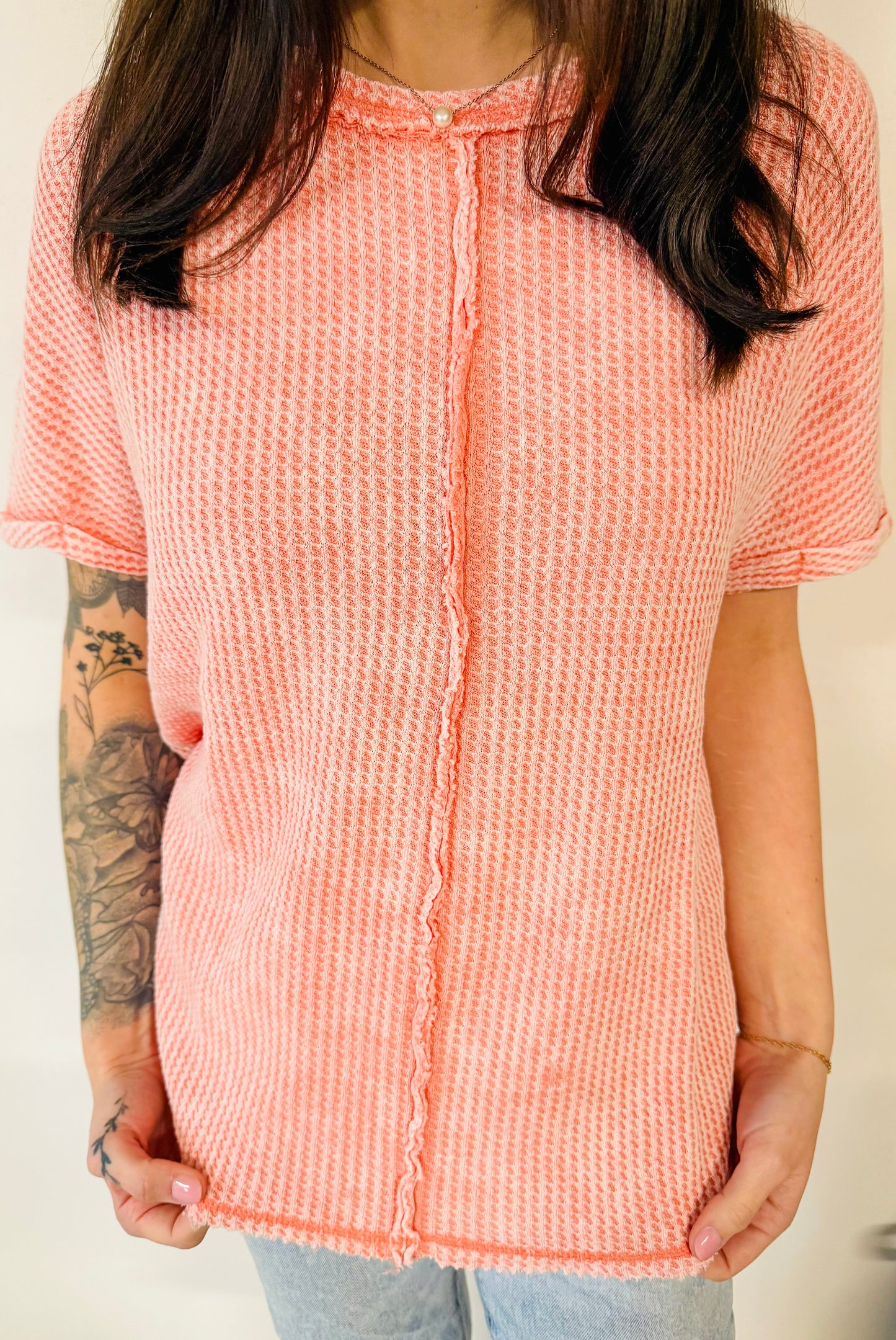 Waffle Short Sleeve Top- Coral