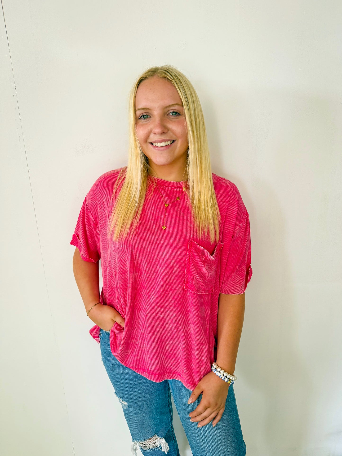 Washed Ribbed Short Sleeve Top- Hot Pink