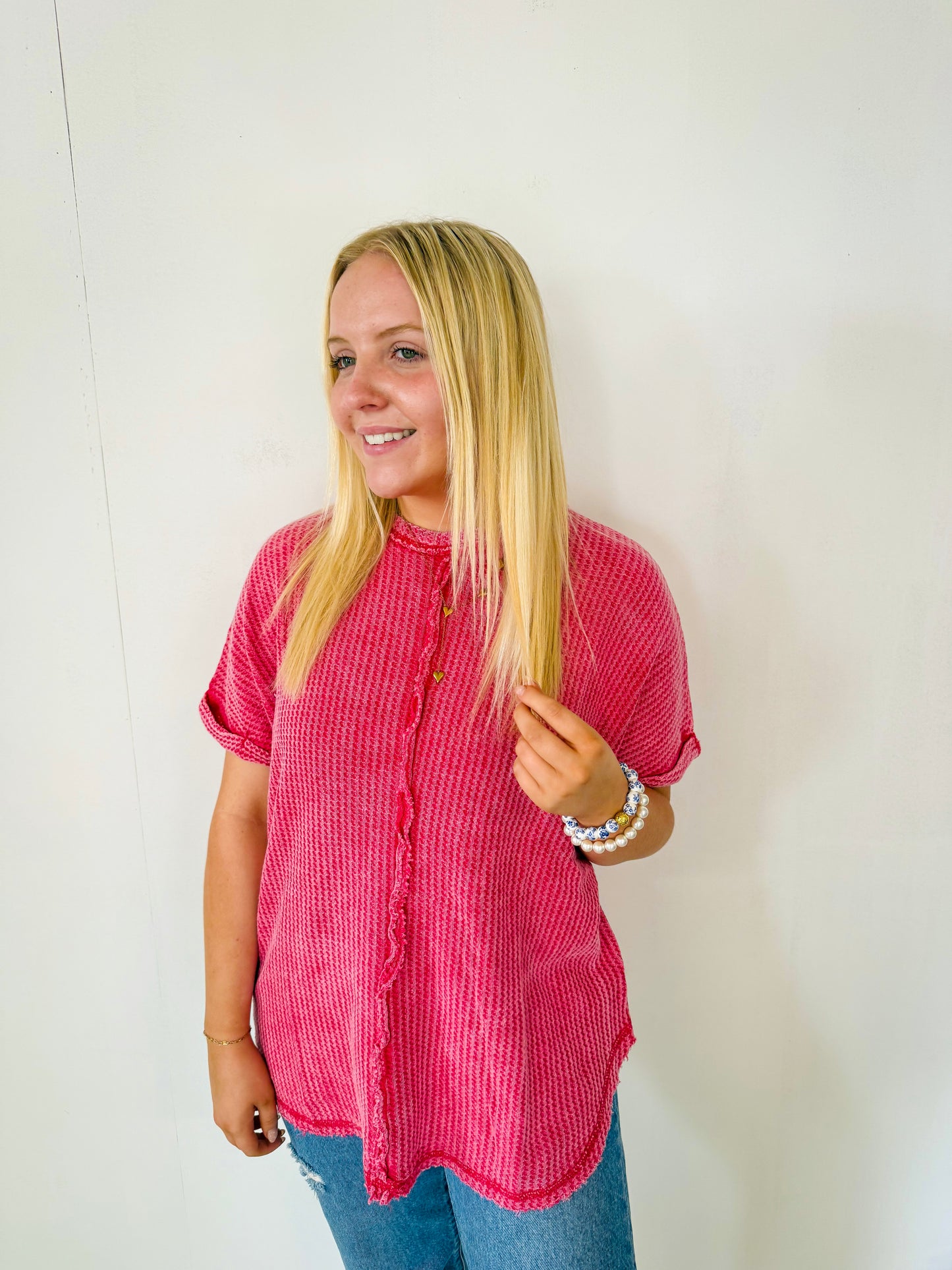 Waffle Short Sleeve Top- Hot Pink