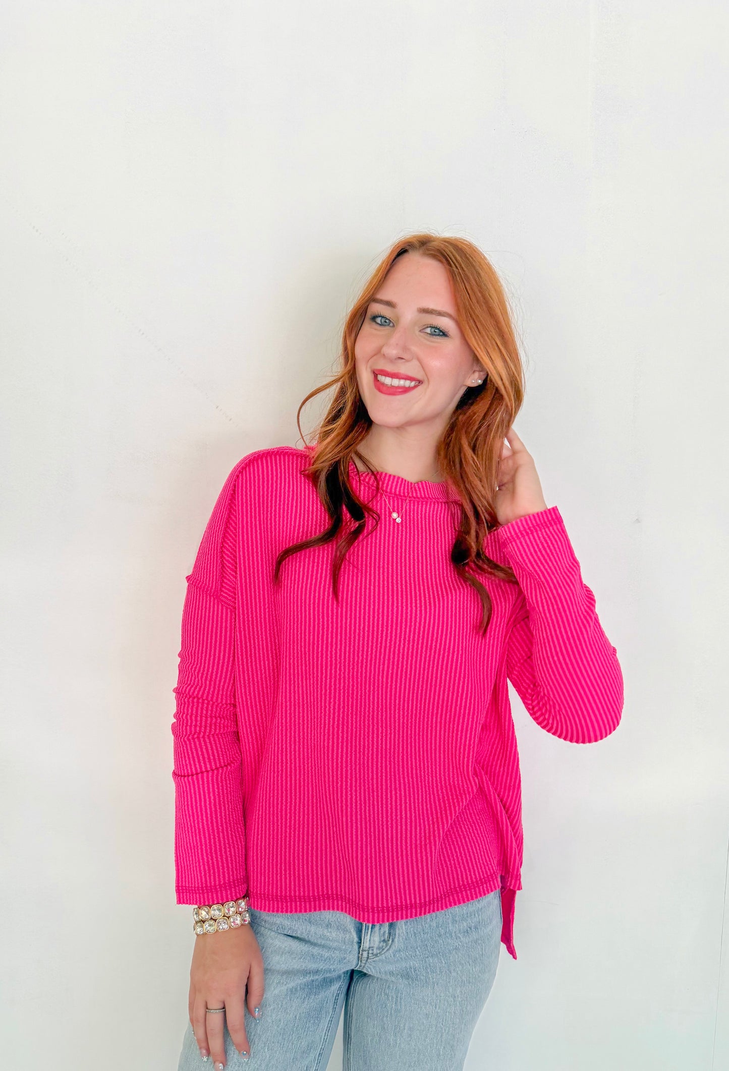 Ribbed Long Sleeve Top- Hot Pink