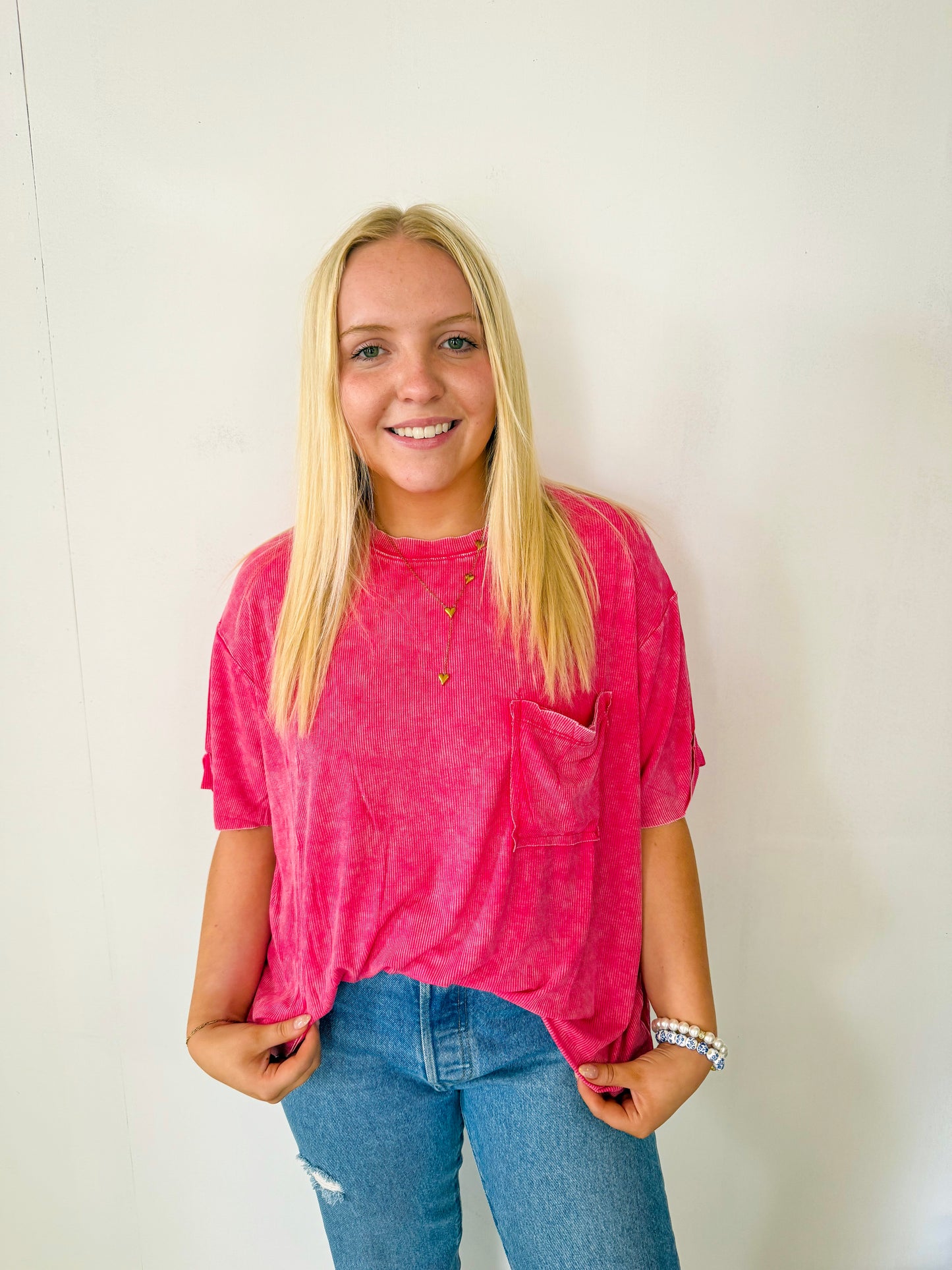 Washed Ribbed Short Sleeve Top- Hot Pink