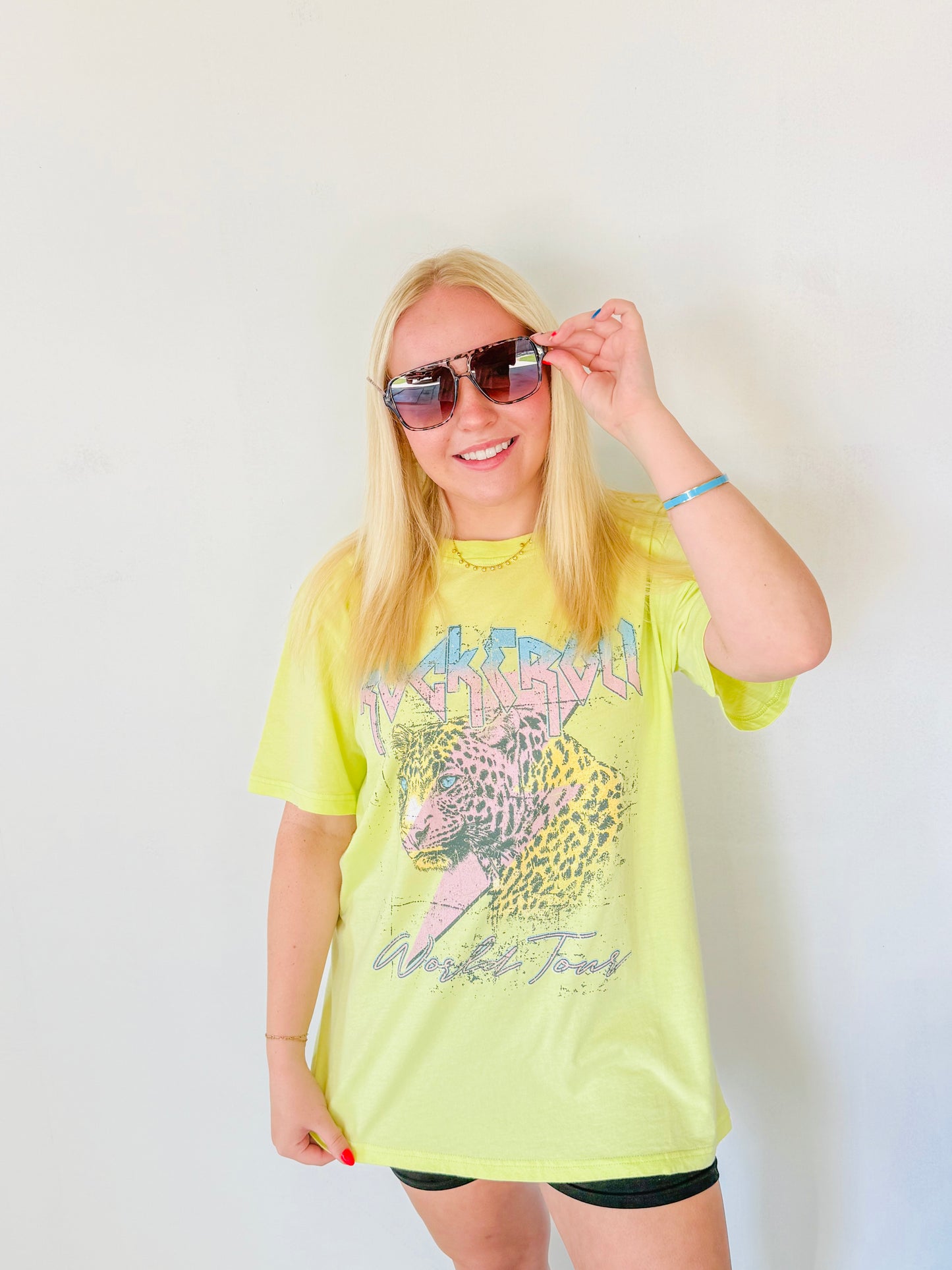 Rock N Roll Leopard Bolt Graphic Top- Lime