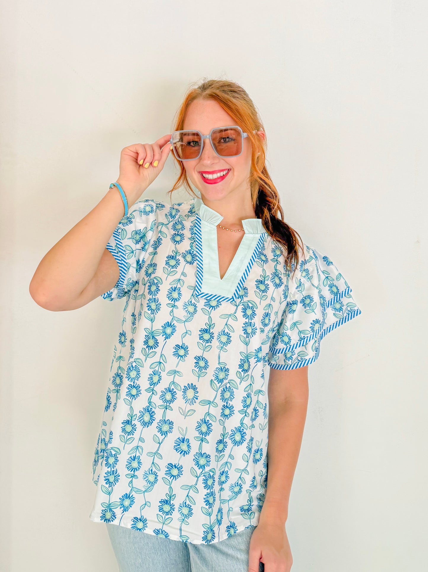 Floral Stripe V-Neck Top- Blue & Green