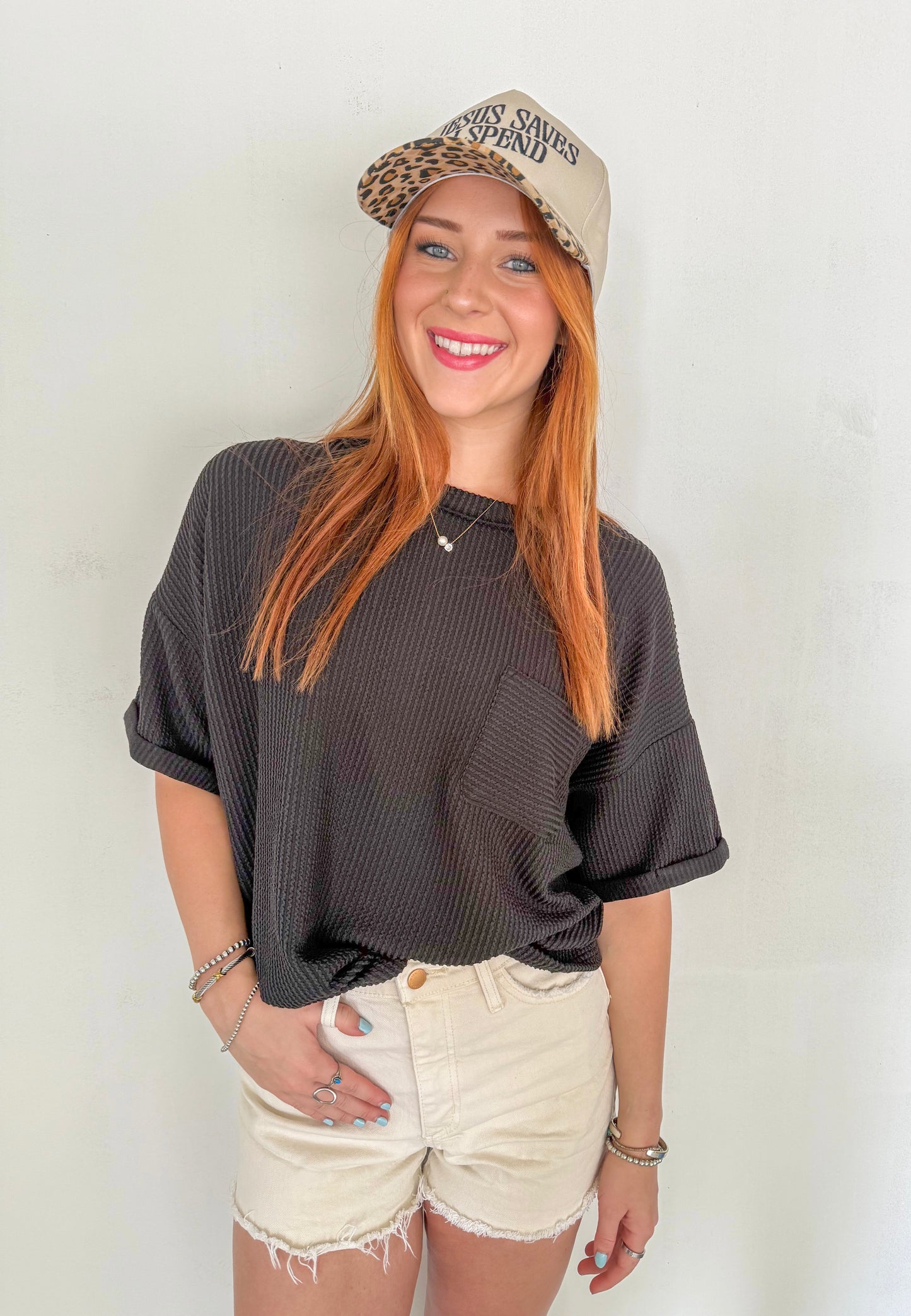 Ribbed Short Sleeve Top- Black