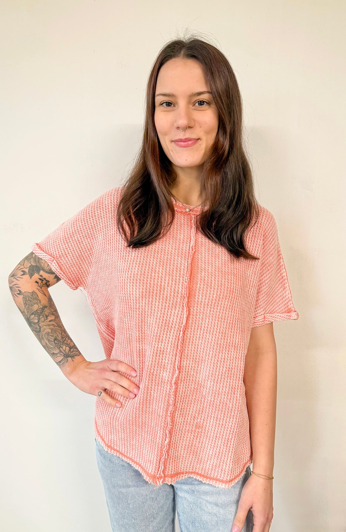 Waffle Short Sleeve Top- Coral