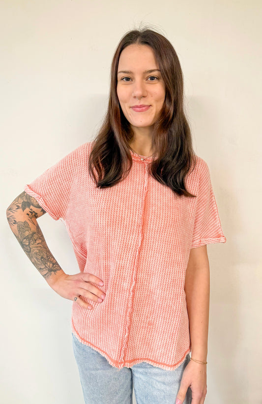 Waffle Short Sleeve Top- Coral