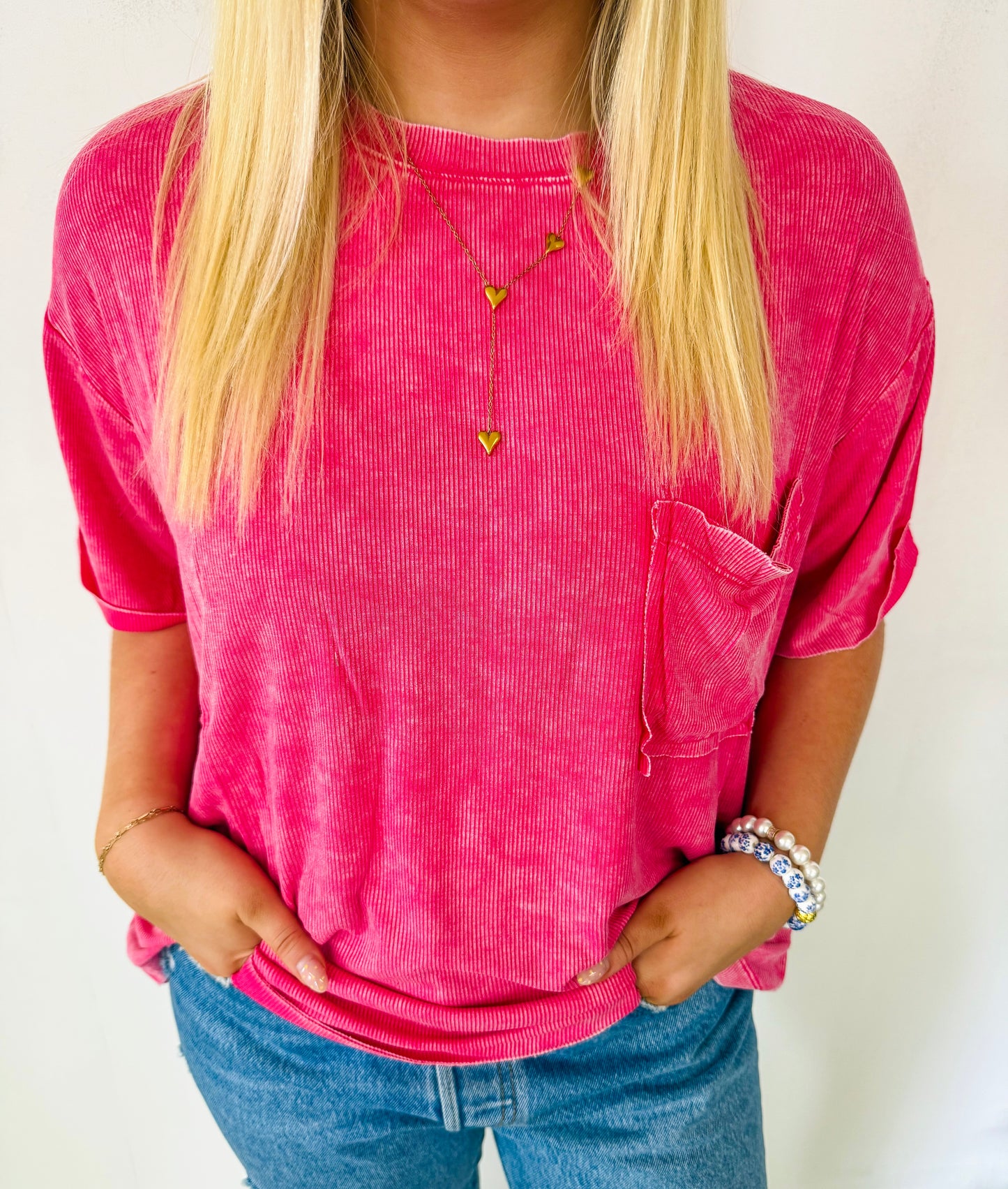 Washed Ribbed Short Sleeve Top- Hot Pink
