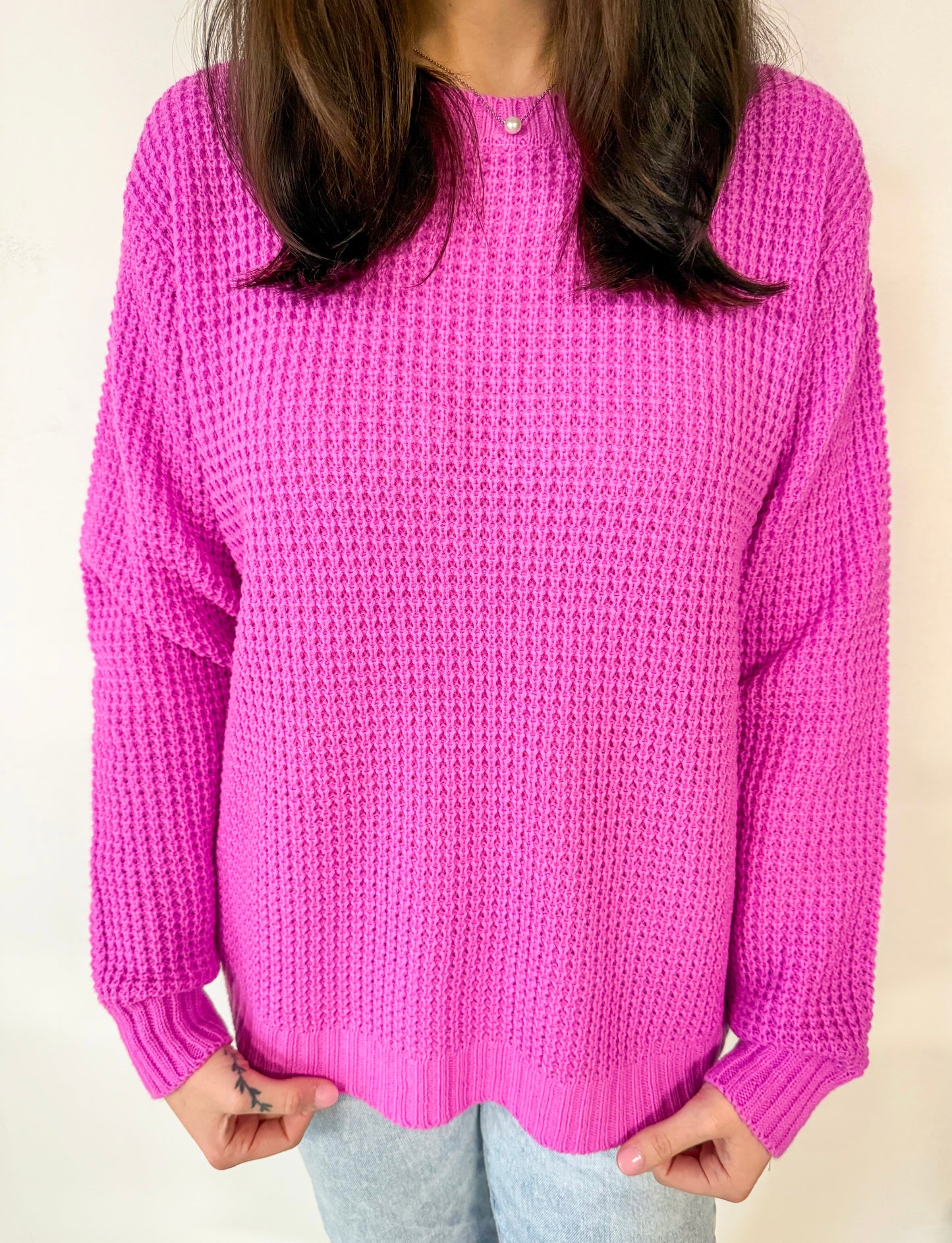 Bright Magenta Oversized Round neck Waffle Sweater