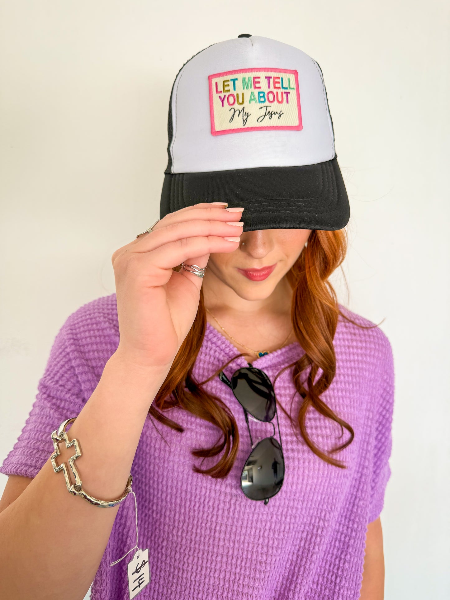 Let Me Tell You About My Jesus Trucker Hat- Black