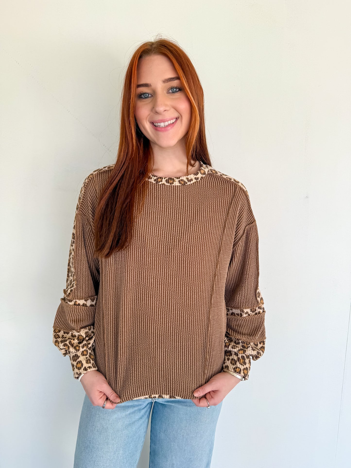 Oversized Chestnut Ribbed Leopard Pullover