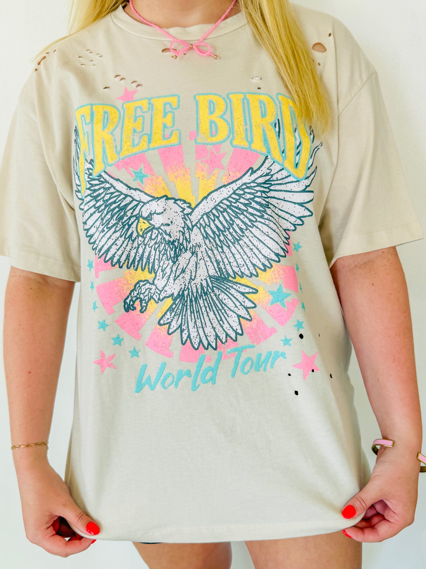 Free Bird World Tour Graphic Distressed Tee- Sand