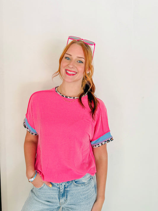 Leopard Contrast Corded Top- Pink