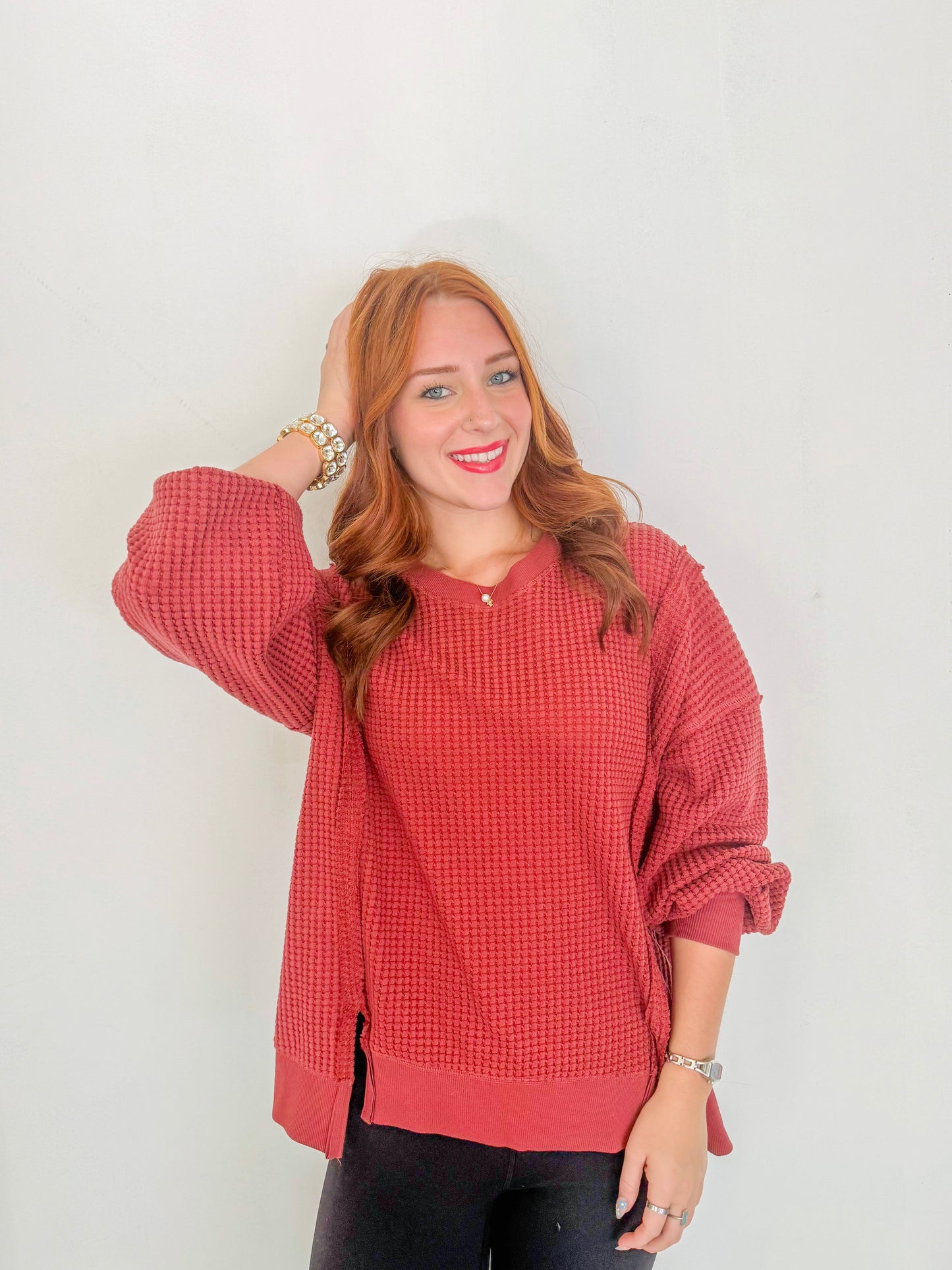 Oversized Waffle Knit Sweater- Red
