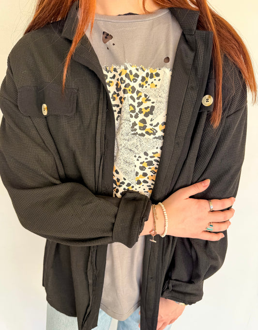 Long sleeve button front waffle knit black shacket