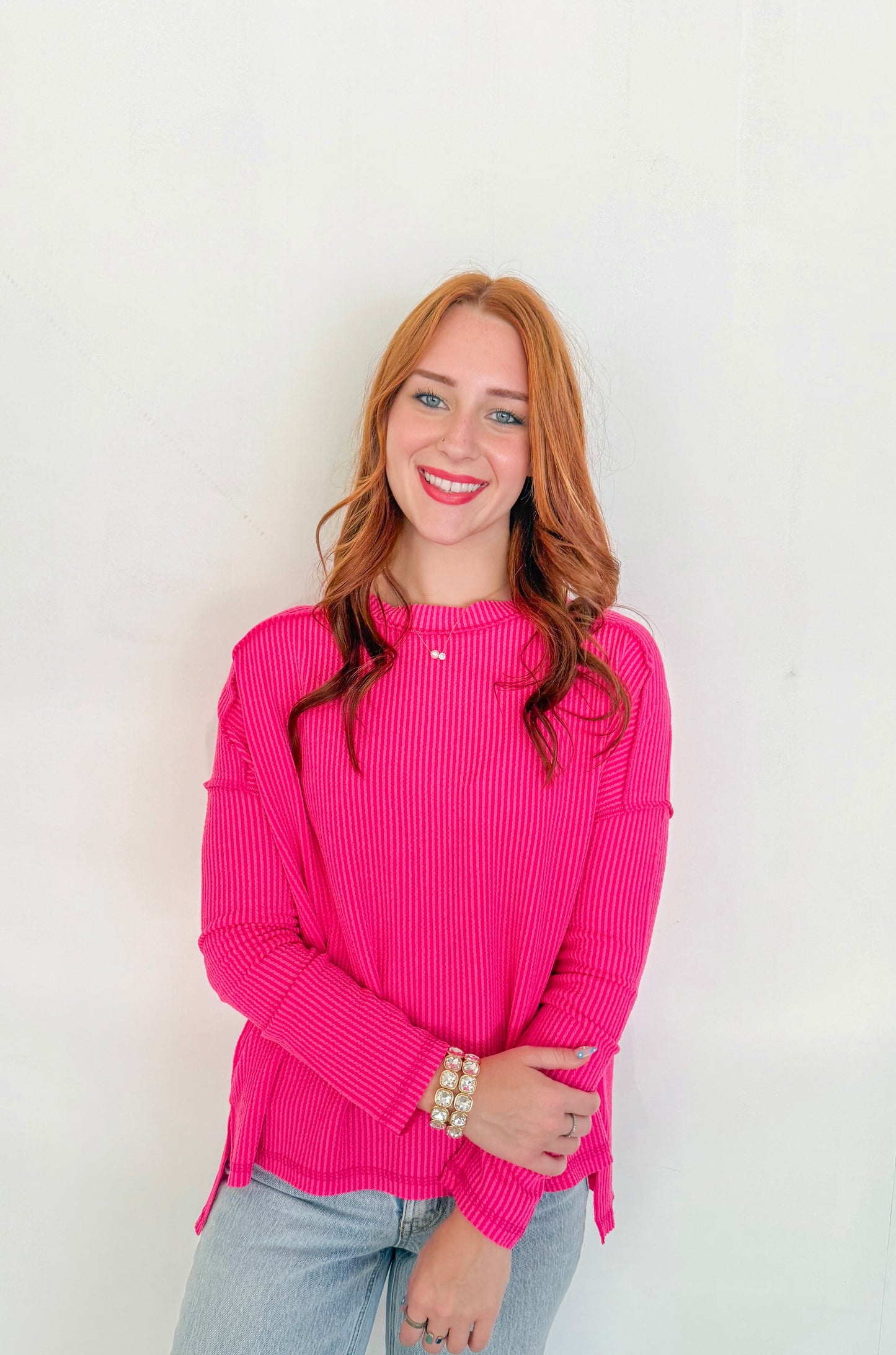 Ribbed Long Sleeve Top- Hot Pink
