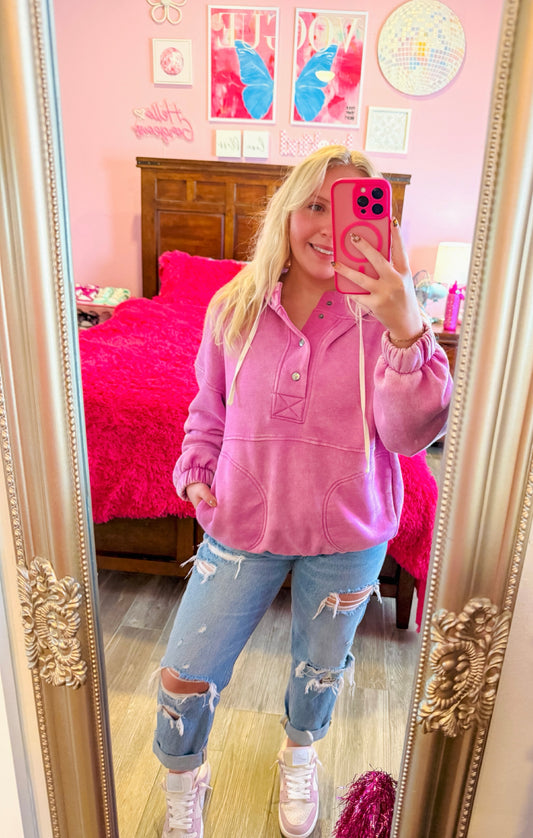 Mauve Acid Wash Fleece Oversized Pocket Hoodie