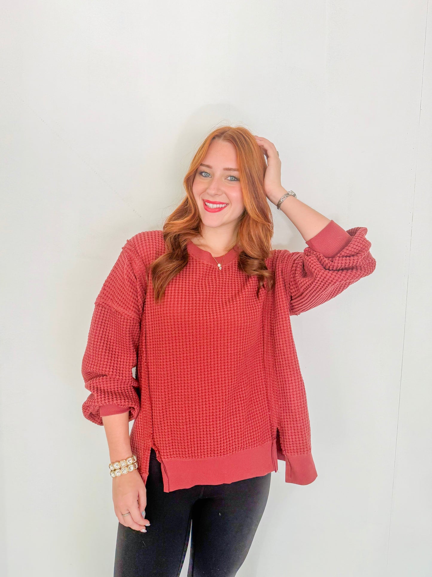 Oversized Waffle Knit Sweater- Red