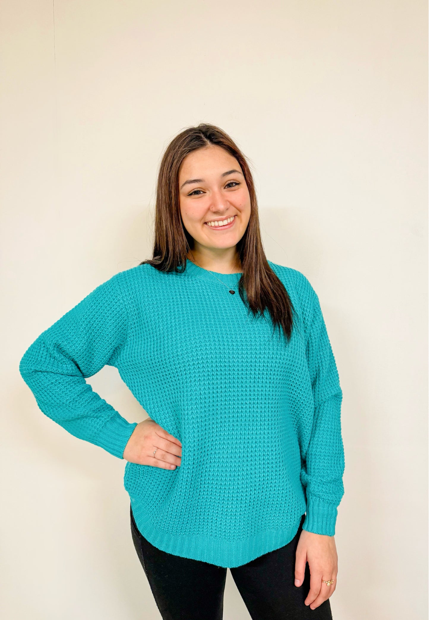 Bright Turquoise Oversized Round neck Waffle Sweater