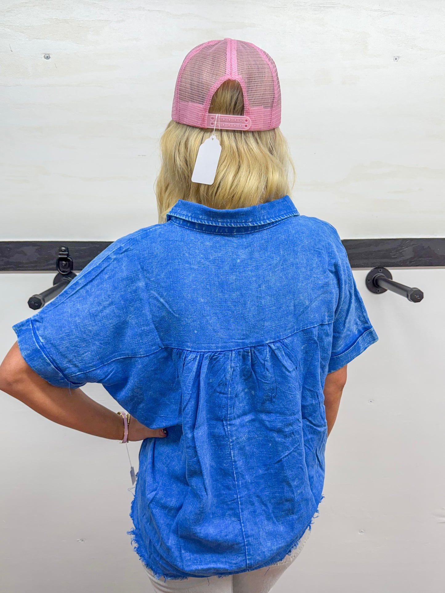 Washed V-neck Collared Top- Royal Blue