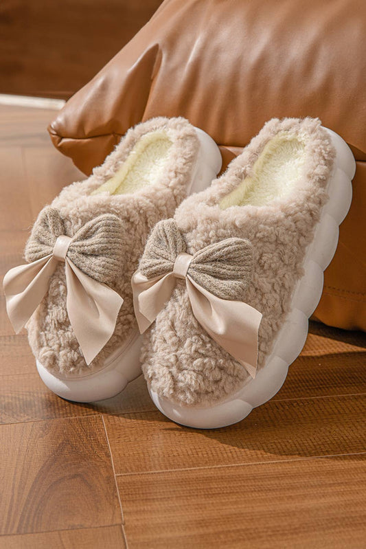 Tan Fuzzy Bowknot Slippers