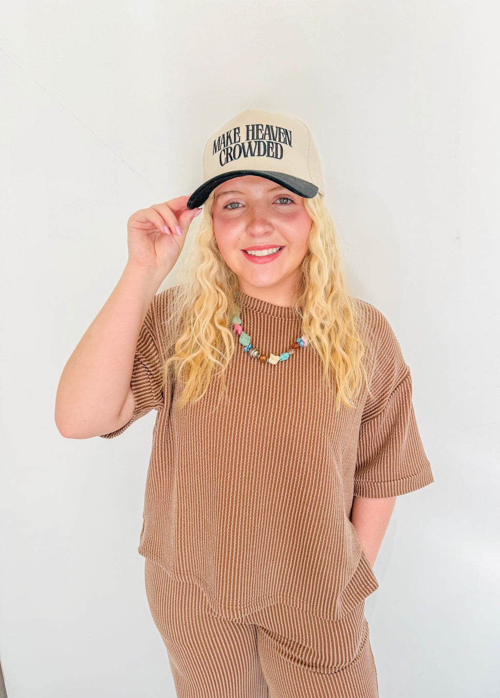 Ribbed Short Sleeve Tee & Pant Matching Set- Brown