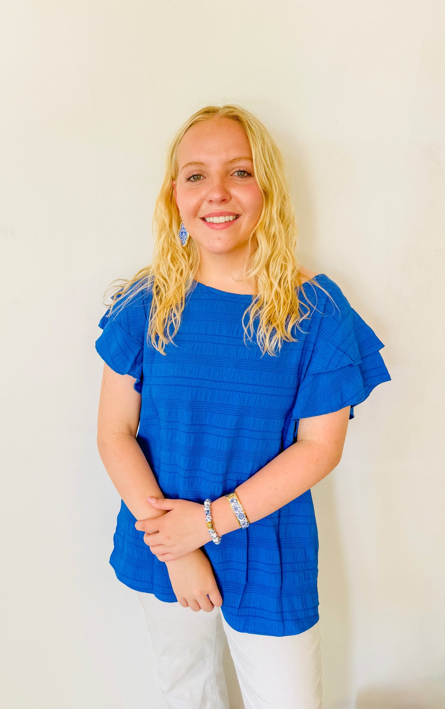 Textured Ruffled Sleeve Round Neck Top: Royal Blue