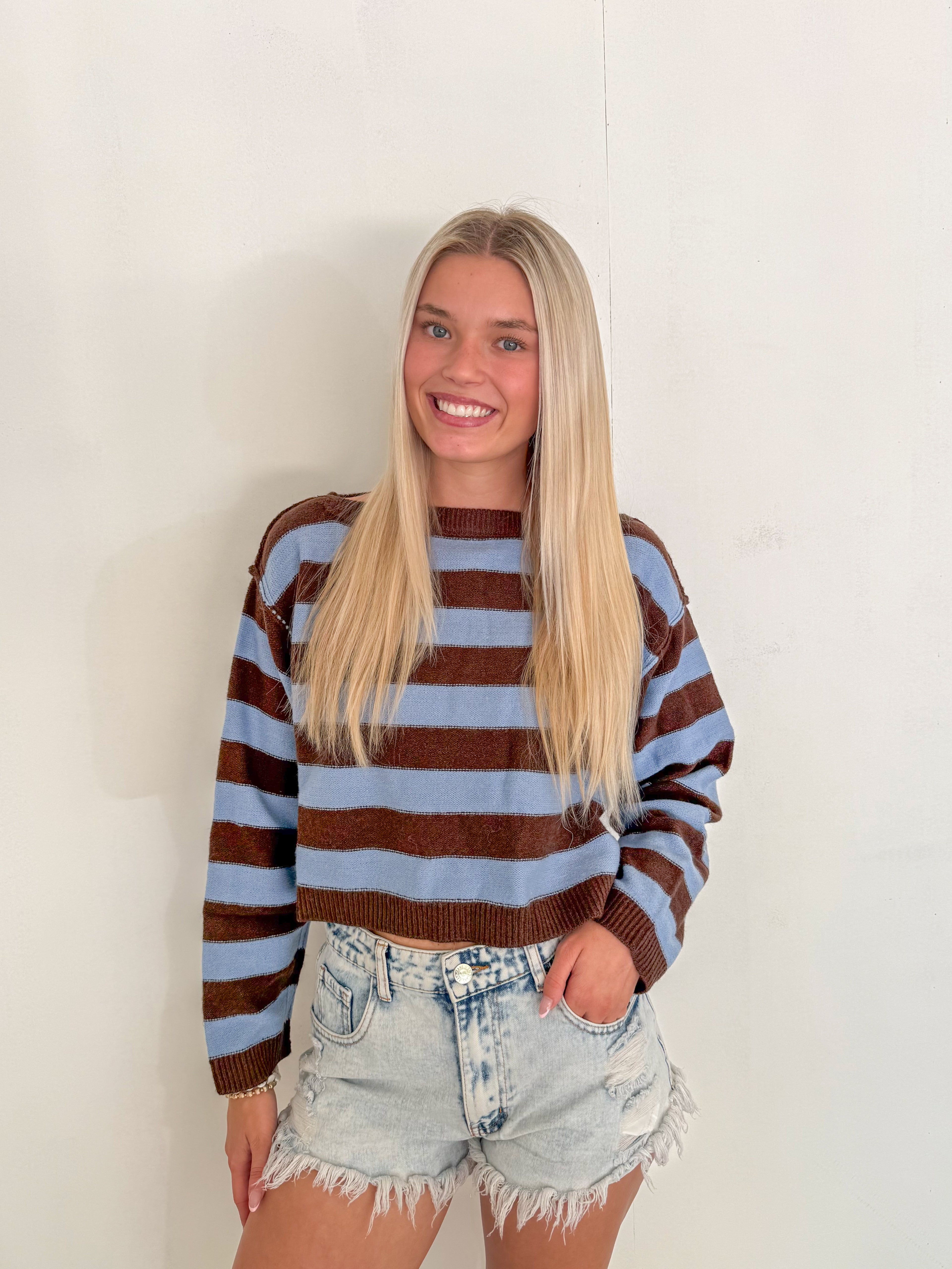 Stripe Exposed Seam Cropped Sweater- Blue & Brown