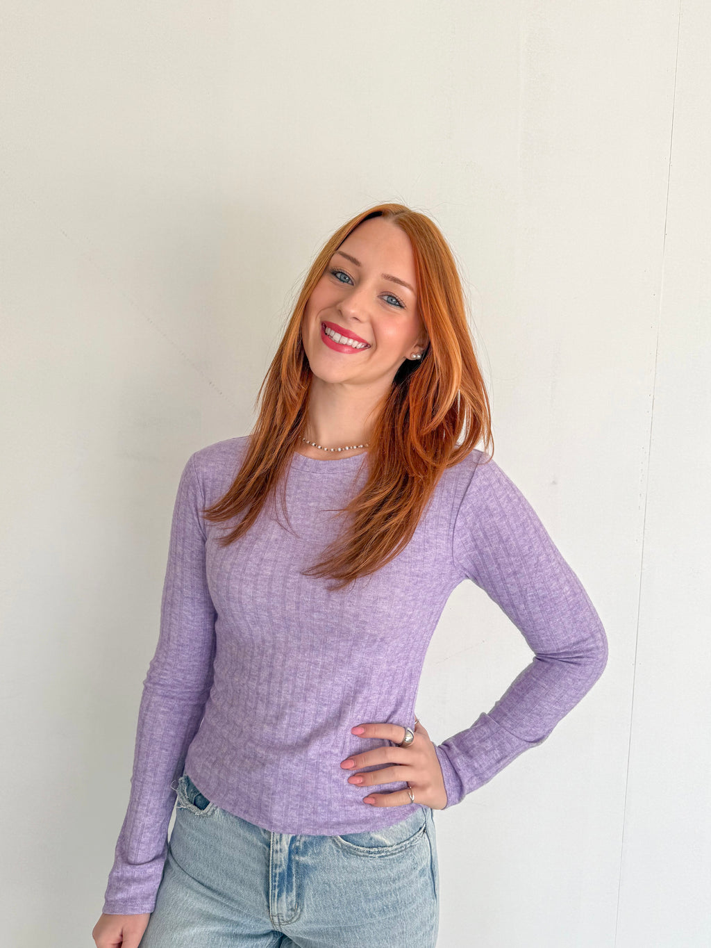 Soft Ribbed Long Sleeve Top- Lavender