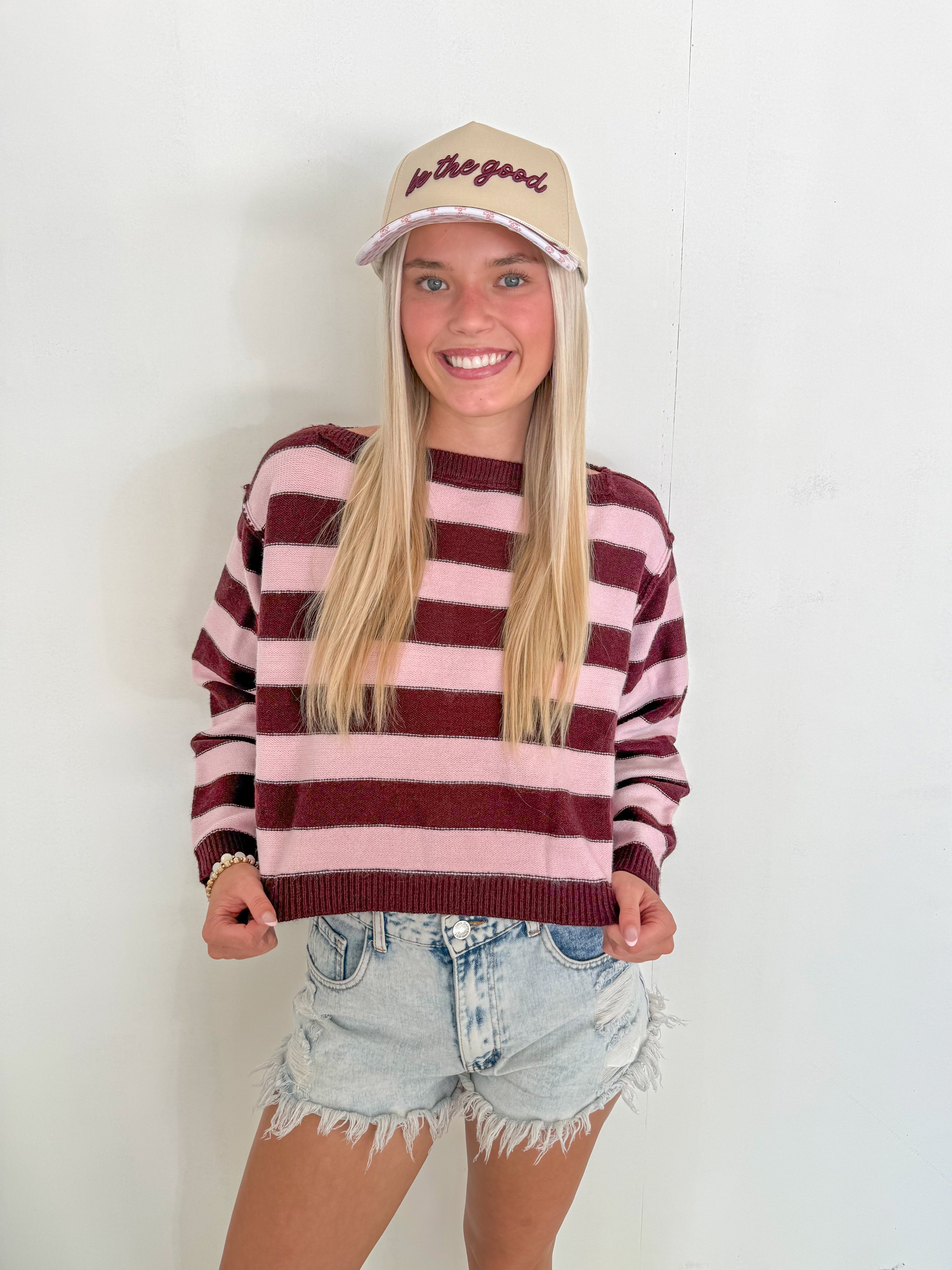 Burgundy Stripe Exposed Seam Cropped Sweater- Burgundy & Pink