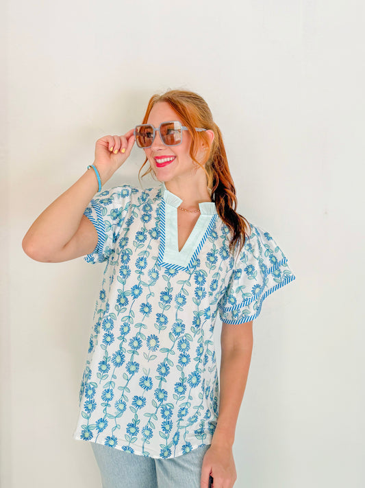 Floral Stripe V-Neck Top- Blue & Green