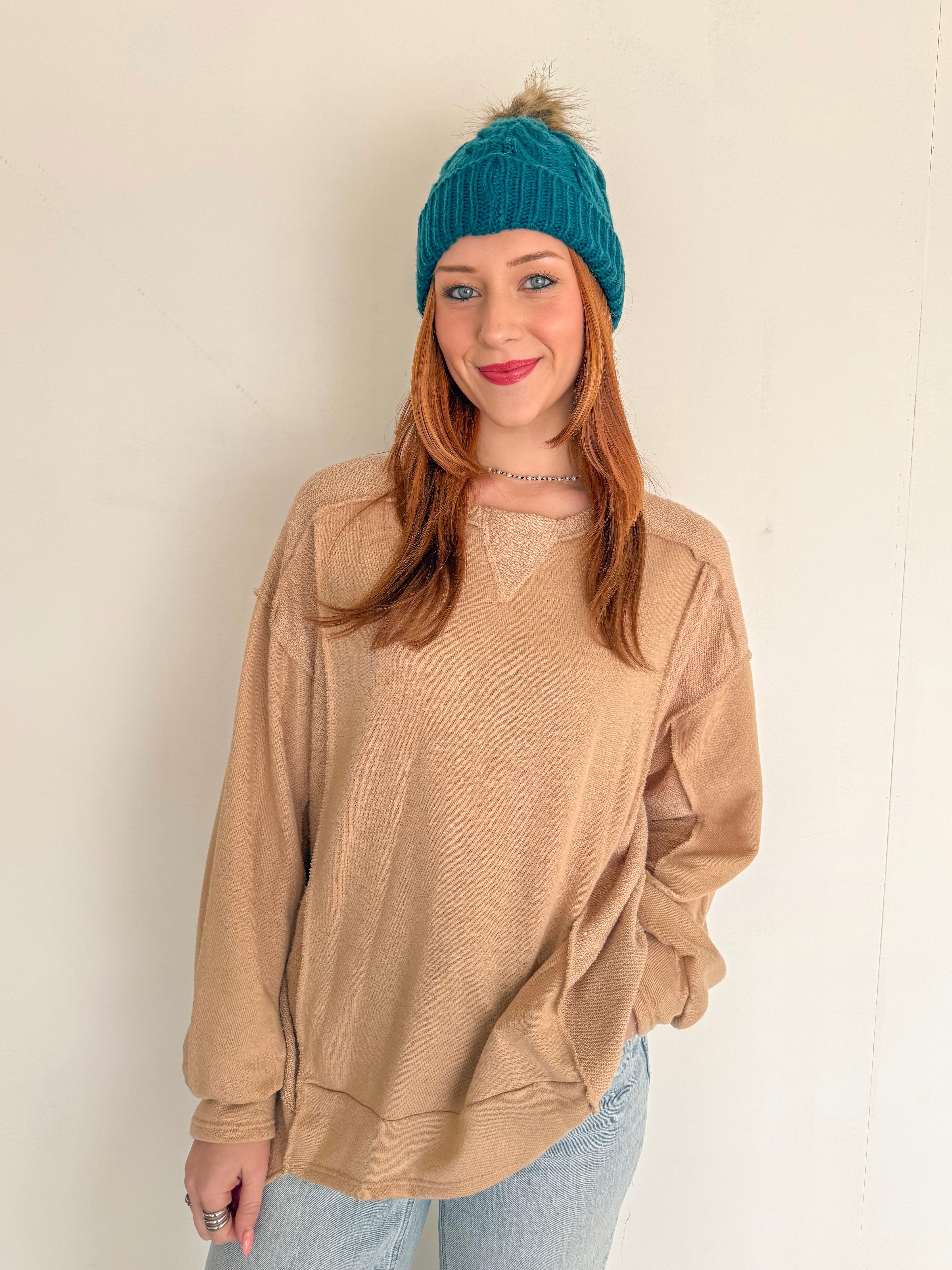 Terry Knit Exposed Stitch Pullover- Beige