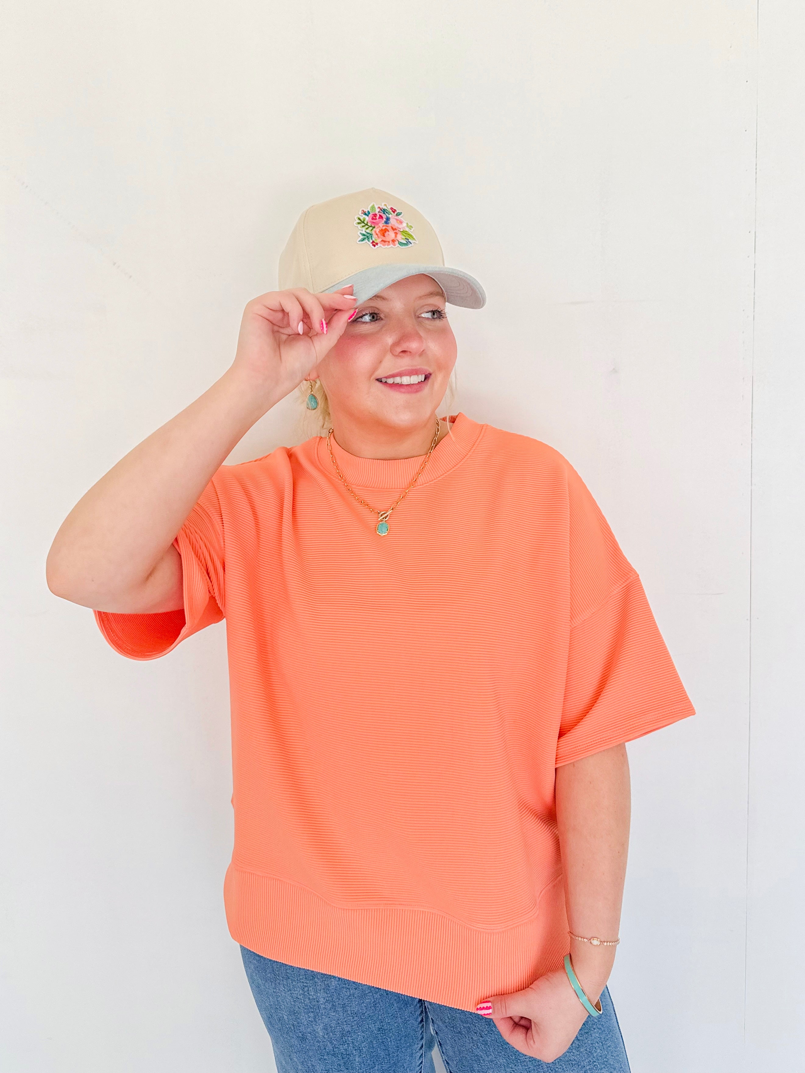 Ribbed Round Neck Top- Coral