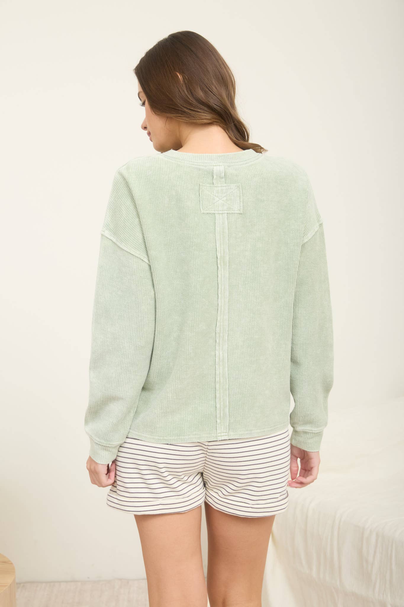 Washed Rib Knit Long Sleeve Top- Light Green