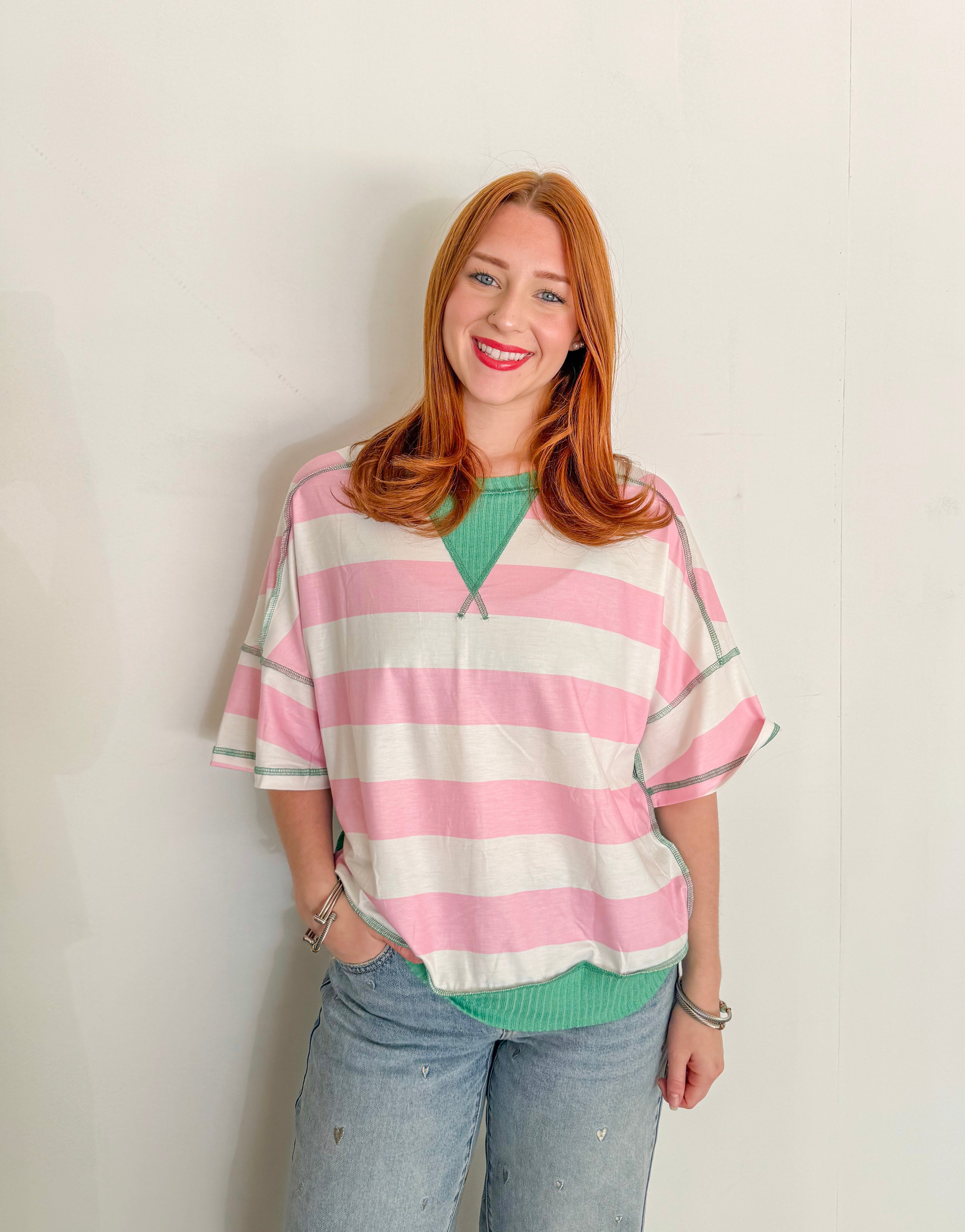 Stripe Exposed Seam Ribbed Patchwork Tee- Pink & Green