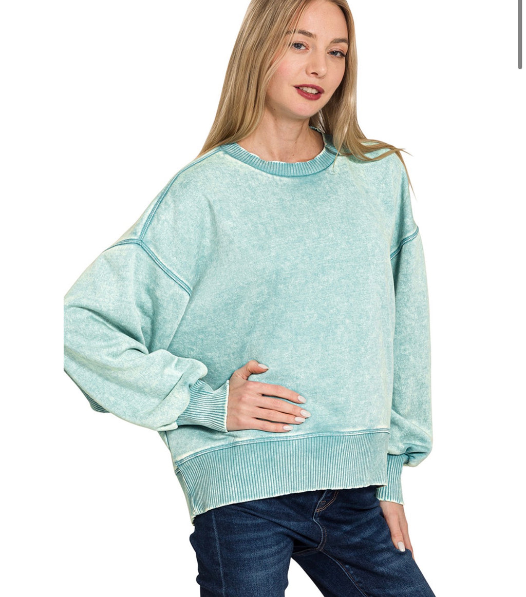 Acid Wash Fleece Oversized Pullover- Dusty Teal